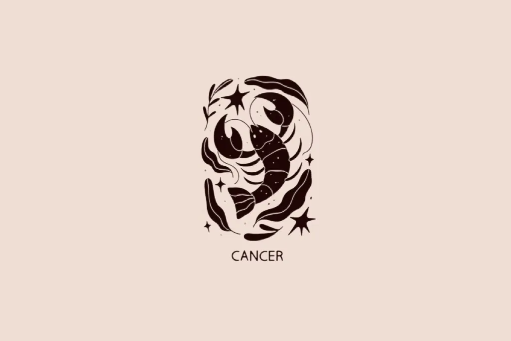 Ilustração do signo de Câncer contendo um caranguejo estilizado em fundo bege