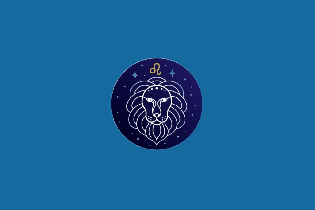 Ilustração do signo de Leão, em fundo azul, contendo um círculo com a cabeça de um leão com juba em linhas brancas e o símbolo do signo em dourado