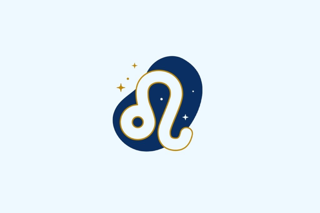 Ilustração do signo de Leão contendo símbolo de juba e cauda estilizadas em azul-claro e dourado sobre fundo azul-claro