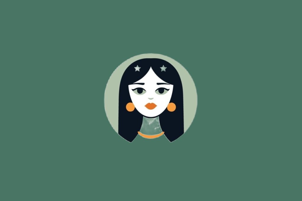 Ilustração do signo de Virgem, em fundo verde, contendo o rosto de uma mulher de cabelos escuros, brincos laranja e duas estrelas no cabelo
