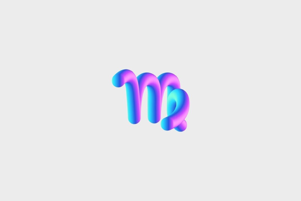 Ilustração do signo de Virgem, em fundo cinza, contendo o símbolo em formato 3D com gradiente azul, roxo e rosa, representado pela letra M com uma curva fechada na extremidade direita