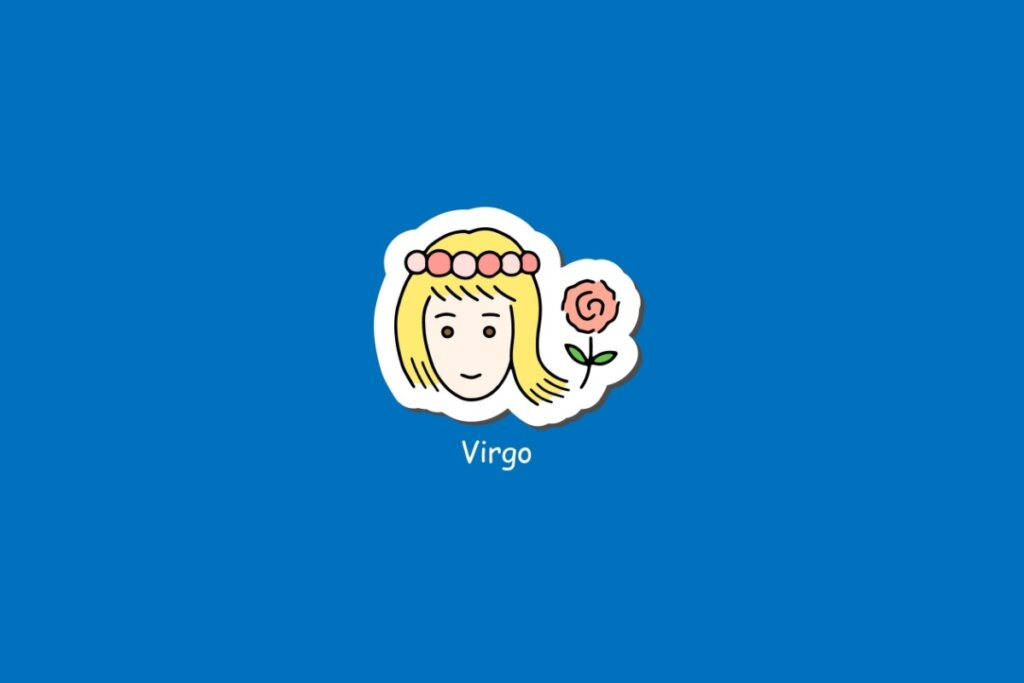 Ilustração do signo de Virgem, em fundo azul, com rosto feminino de cabelos loiros, tiara e rosa ao lado