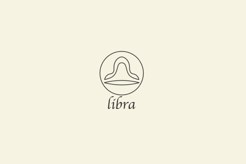 Ilustração do signo de Libra, em fundo bege, contendo um semicírculo no topo representando a balança e uma linha horizontal reta abaixo