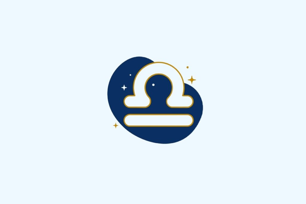 Ilustração do signo de Libra contendo símbolo de balança em azul-claro e dourado sobre fundo azul-claro