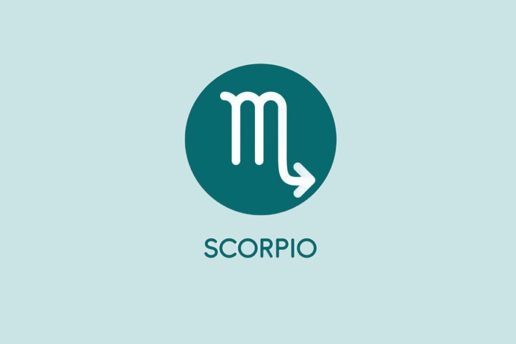 Ilustração do signo de Escorpião, contendo o símbolo com linha curva e seta em um círculo sobre fundo verde-claro