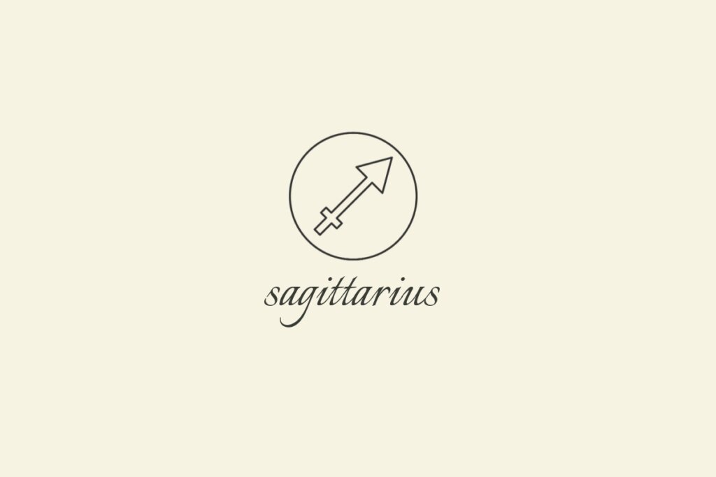 Ilustração do signo de Sagitário, em fundo bege, contendo uma flecha apontada para cima e à direita, com haste atravessando um pequeno círculo cruzado