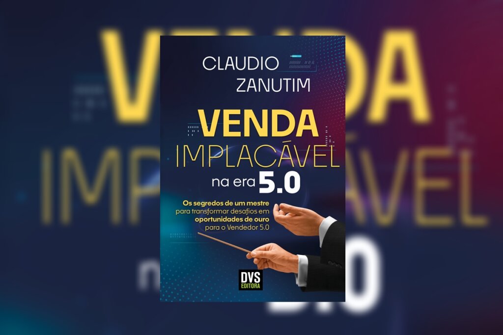 Capa com fundo tecnológico em tons de azul e roxo. O título destaca a palavra "VENDA" em amarelo. Na parte inferior, mãos de um homem de terno conduzem uma batuta de maestro.