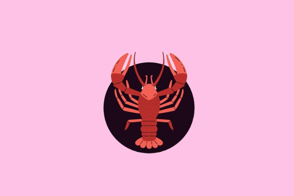 Ilustração estilizada de um caranguejo de cor vermelha vibrante, vista de cima, com garras e patas detalhada, em um fundo rosa