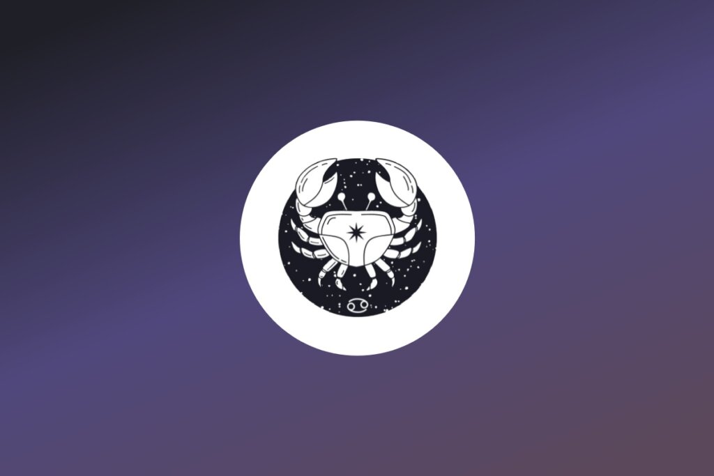Ilustração em preto e branco de um caranguejo estilizado com uma estrela no centro do casco, símbolo do signo de Câncer, em um círculo preto pontilhado. A imagem está centralizada em um círculo branco sobre fundo roxo degradê.