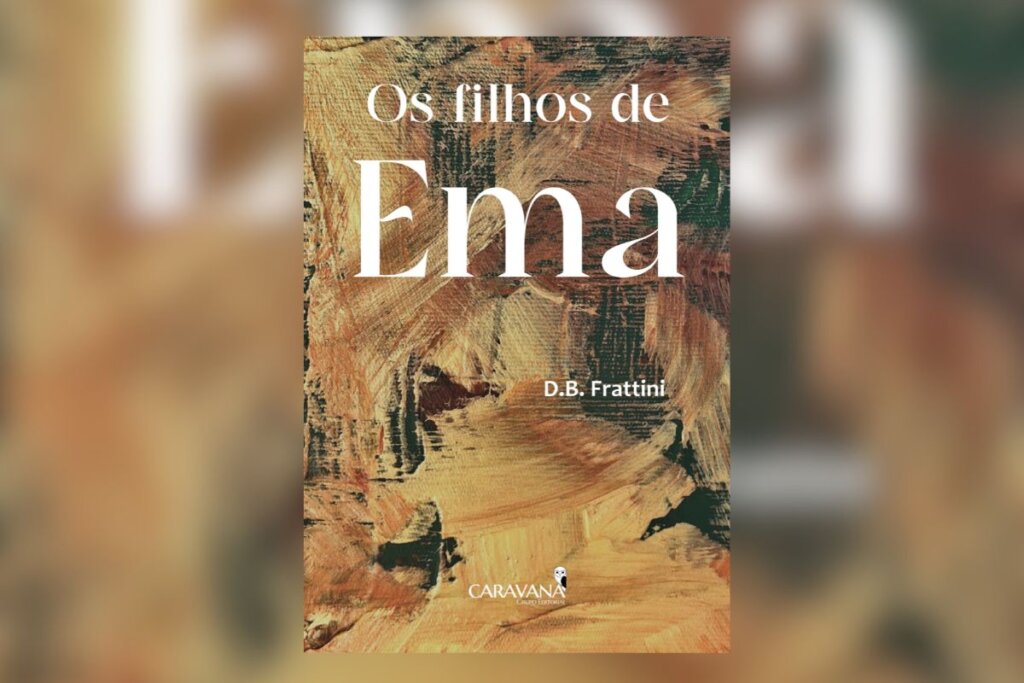Capa do livro "Os filhos de Ema", com pinceladas em preto, bege e marrom 