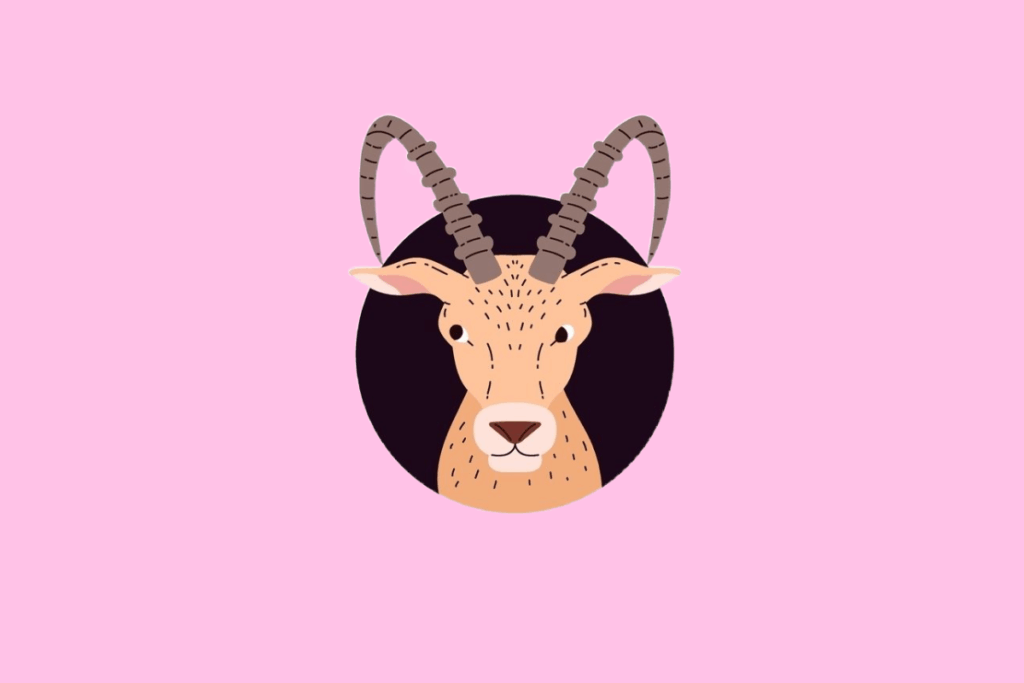 Ilustração da cabeça de uma cabra de cor bege, com chifres longos, curvados e anelados em tons de cinza, em um fundo rosa