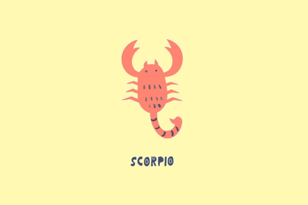 Ilustração de um escorpião estilizado na cor coral com detalhes em azul escuro no corpo e na cauda. O fundo é amarelo claro e o texto "SCORPIO" aparece na parte inferior.