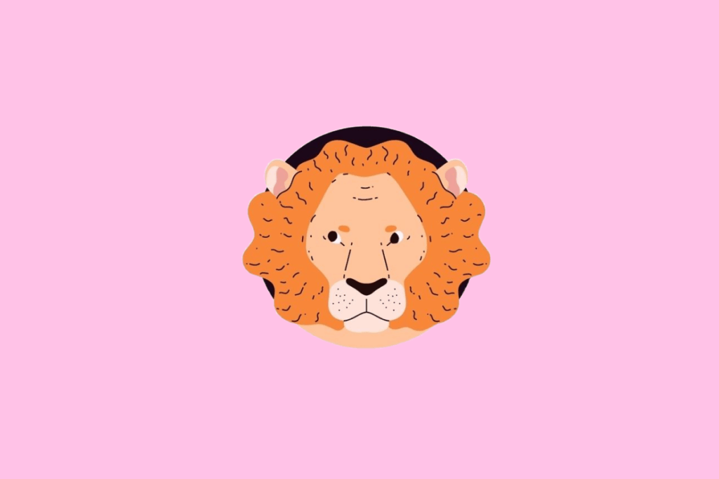 Ilustração frontal da cabeça de um leão com uma juba volumosa em tons de laranja e amarelo, apresentando uma expressão calma. A imagem está centrada em um fundo rosa