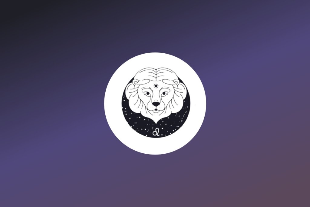Ilustração frontal em preto e branco da cabeça de um leão com juba volumosa, representando o signo de Leão. O desenho está dentro de um círculo preto estrelado com o símbolo do signo na base, sobre um fundo degradê roxo.