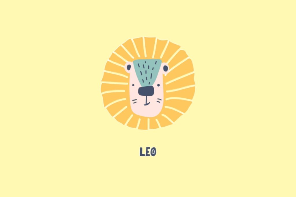 Ilustração do rosto de um leão com uma juba amarela circular e vibrante. O centro da face é azul com detalhes em preto. Fundo amarelo claro com a palavra "LEO" abaixo.