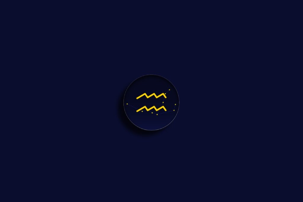 Ilustração do signo de aquário em amarelo sobre um fundo azul-escuro