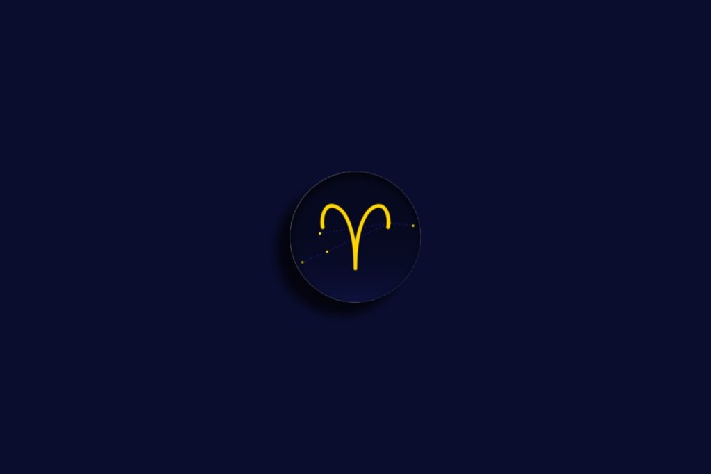 Ilustração do signo de áries em amarelo sobre um fundo azul-escuro