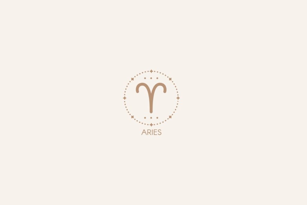 Símbolo do signo de Áries em tom bege, dentro de um círculo decorativo, com o nome escrito abaixo sobre fundo claro