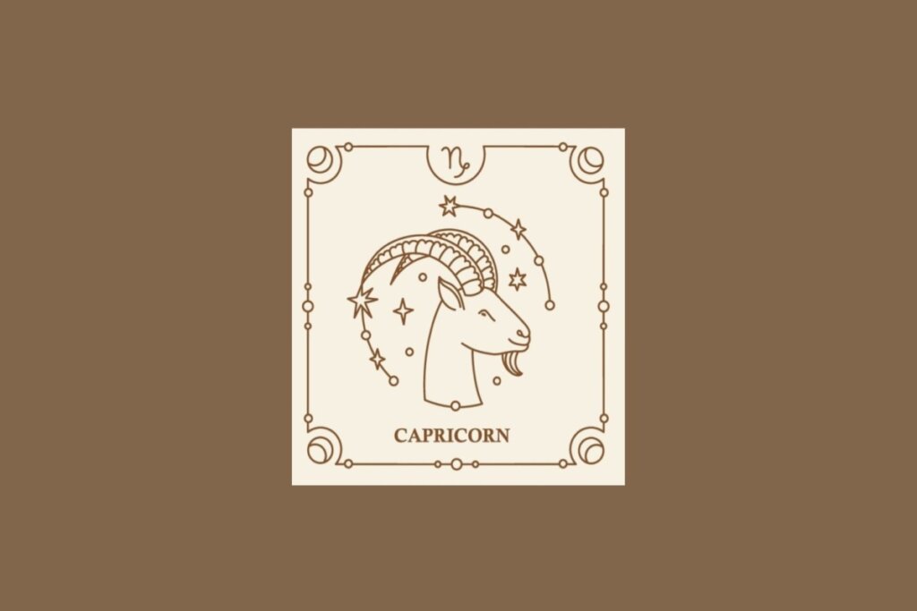 Ilustração do signo de capricórnio em um quadrado bege, com detalhes marrons ao redor, sobre um fundo marrom