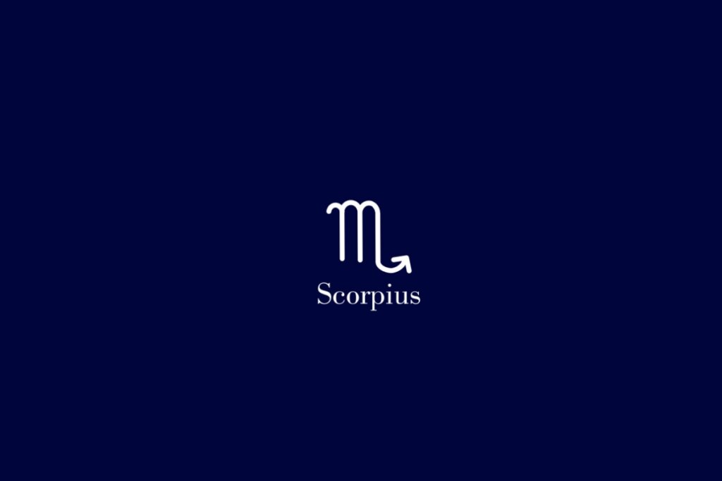 Ilustração do signo de escorpião em branco em um fundo azul-escuro