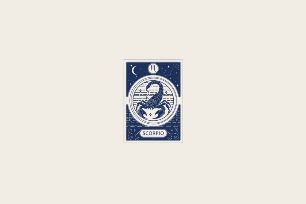 Ilustração do signo de Escorpião em azul dentro de uma carta e com fundo bege-claro