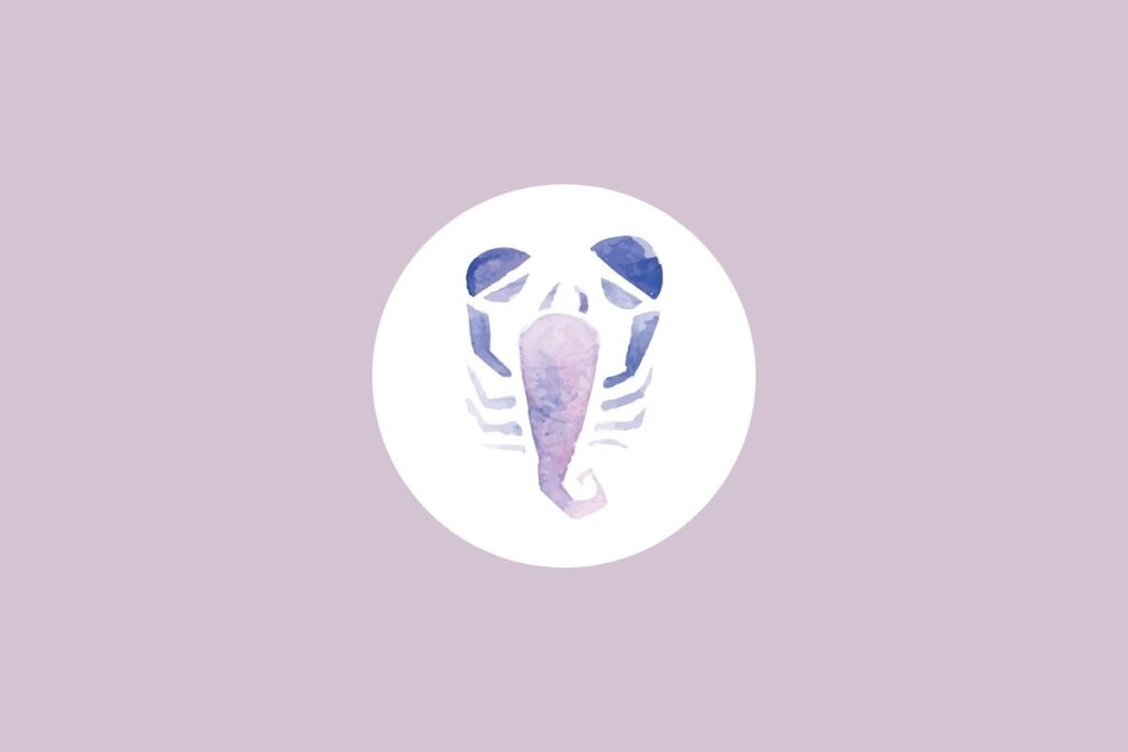Círculo centralizado em um fundo roxo e com a ilustração do signo de escorpião dentro