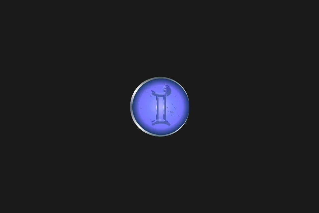 Ilustração de um círculo azul, com o símbolo de gêmeos dentro, centralizado em um fundo preto