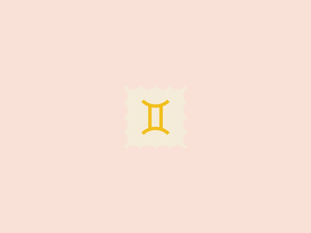 Ilustração do signo de gêmeos, dentro de um quadrado bege, em um fundo rosa-claro