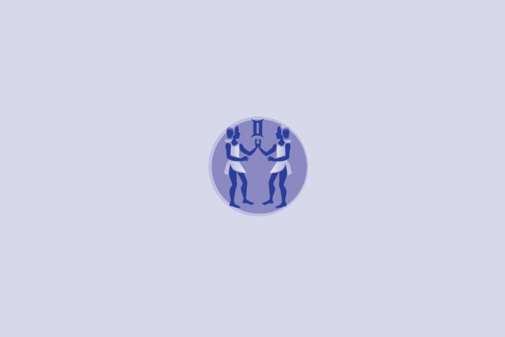 Imagem com ilustração do signo de Gêmeos, representado por duas figuras estilizadas em tons de azul dentro de um círculo sobre fundo claro