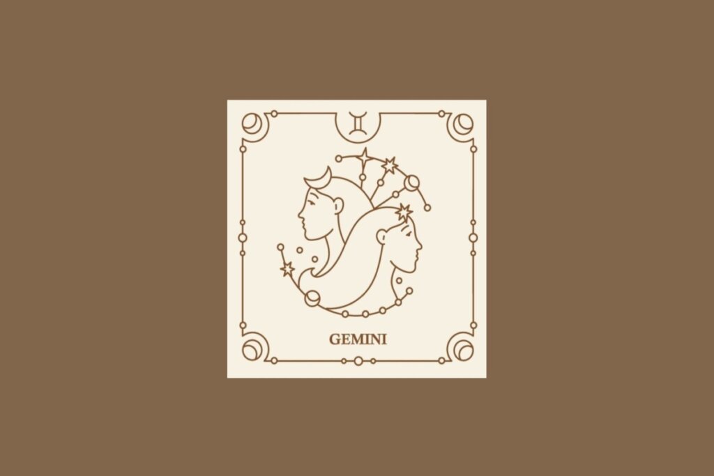 Ilustração do signo de gêmeos em um quadrado bege, com detalhes marrons ao redor, sobre um fundo marrom