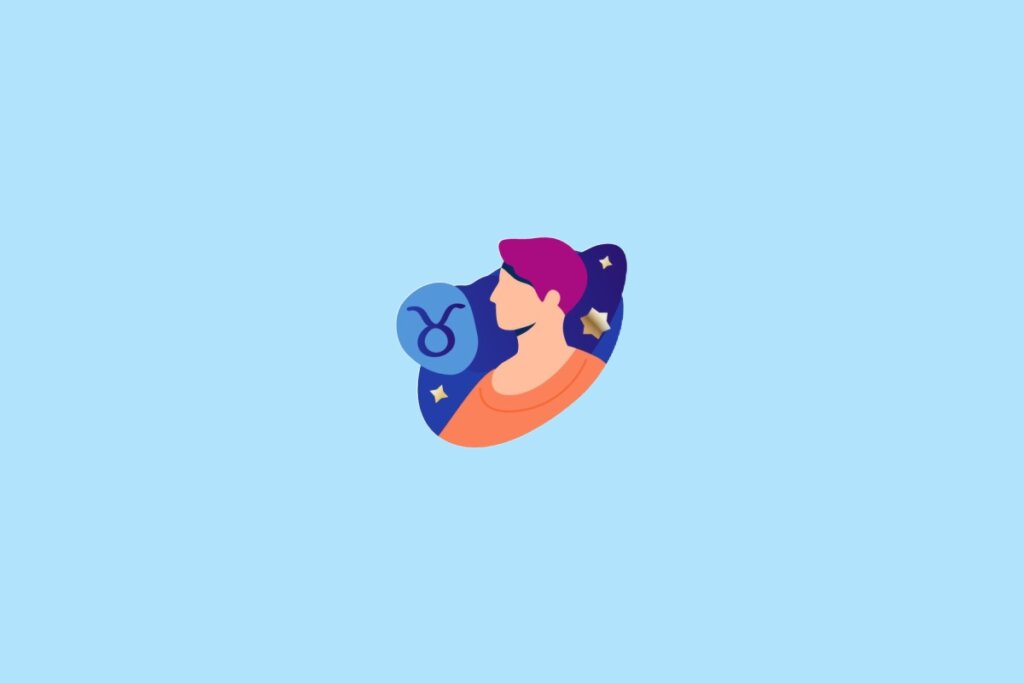 Ilustração do signo de Touro ao lado de um homem com cabelo roxo 