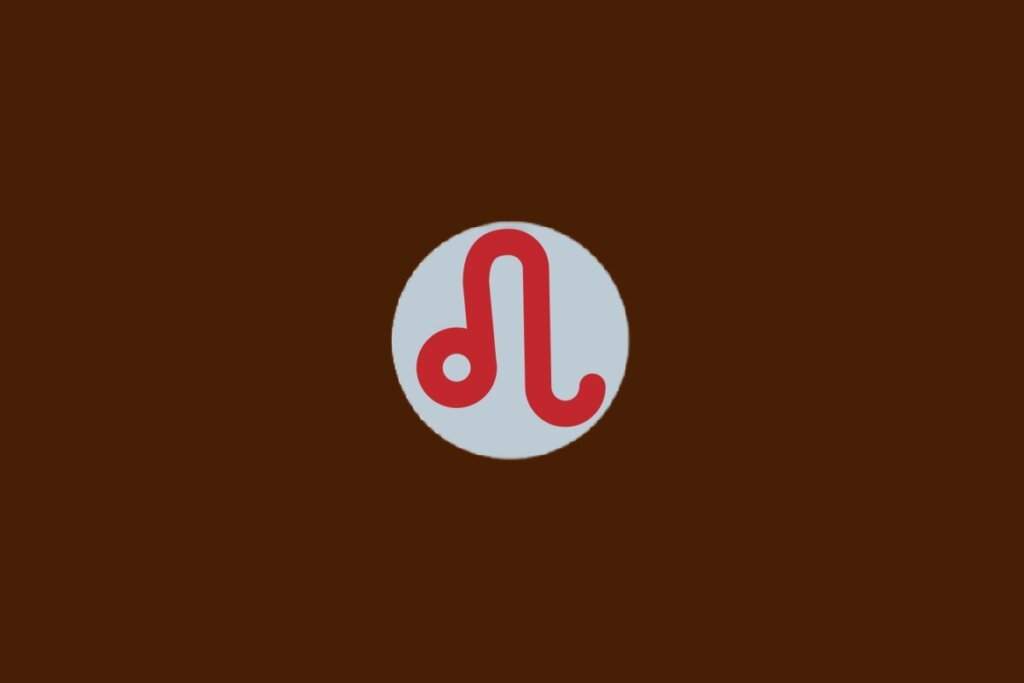 Ilustração do signo de Leão, com símbolo vermelho com curva e círculo lembrando uma cauda, sobre fundo cinza e marrom-escuro