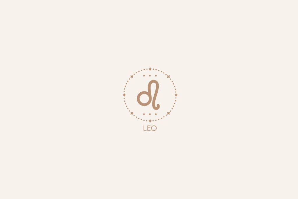Símbolo do signo de Leão em tom bege, dentro de um círculo decorativo, com o nome escrito abaixo sobre fundo claro