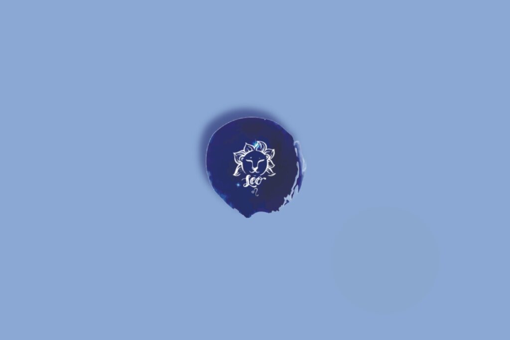 Ilustração do signo de leão em um círculo com fundo azul e branco com estrelas