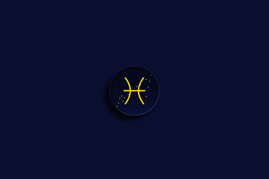 Ilustração do signo de peixes em amarelo sobre um fundo azul-escuro