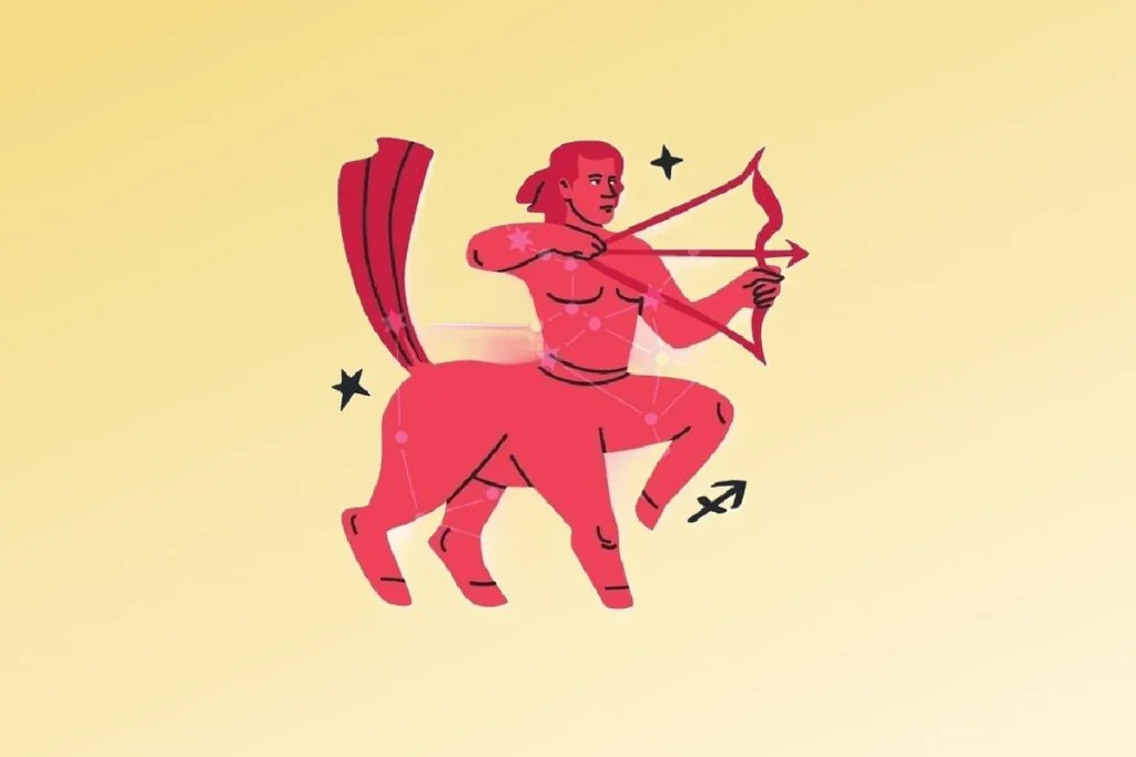 Ilustração do signo de Sagitário contendo uma figura centauro segurando arco e flecha com símbolo do signo em fundo amarelo