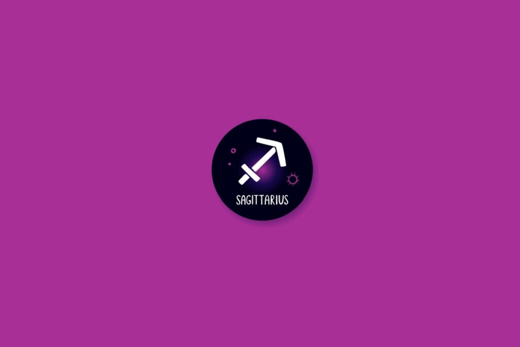 Ilustração de um círculo preto com o símbolo de sagitário dentro, com estrelas roxas, sobre um fundo roxo