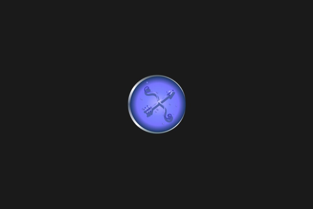 Ilustração de um círculo azul, com o símbolo de sagitário dentro, centralizado em um fundo preto