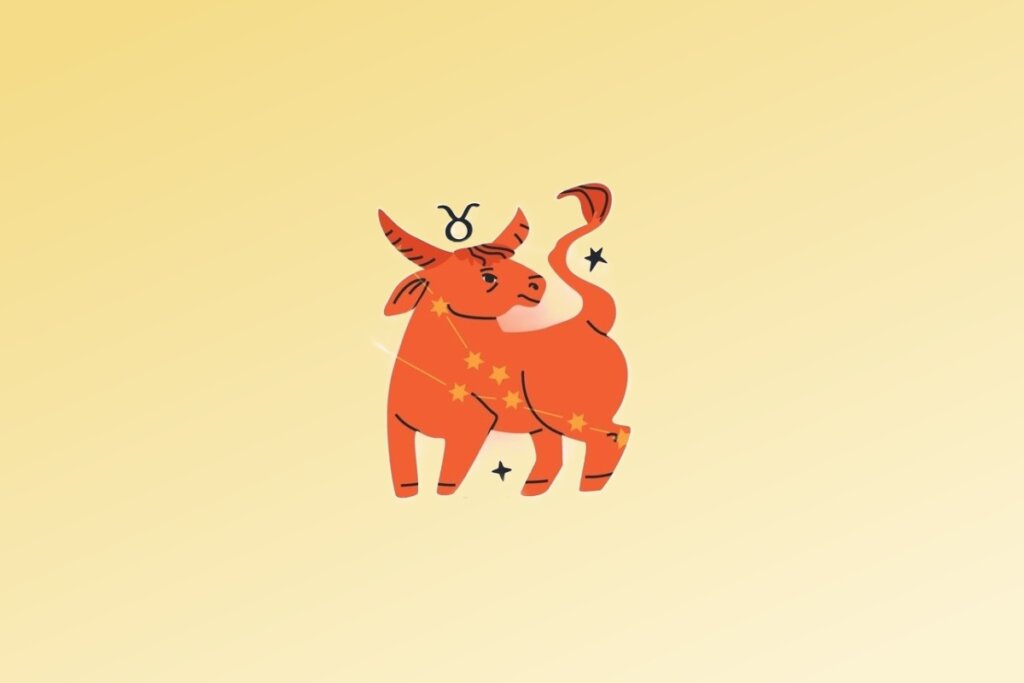 Ilustração do signo de Touro contendo um touro com chifres, cauda levantada e símbolos de estrelas em fundo amarelo