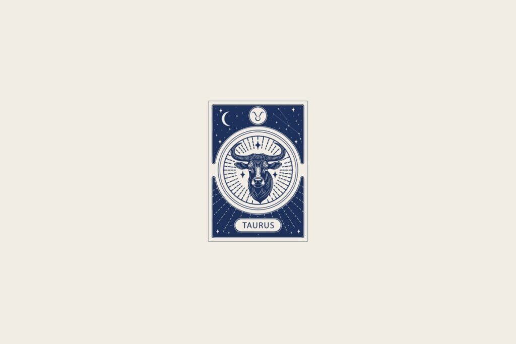 Ilustração do signo de Touro em azul dentro de uma carta e com fundo bege-claro