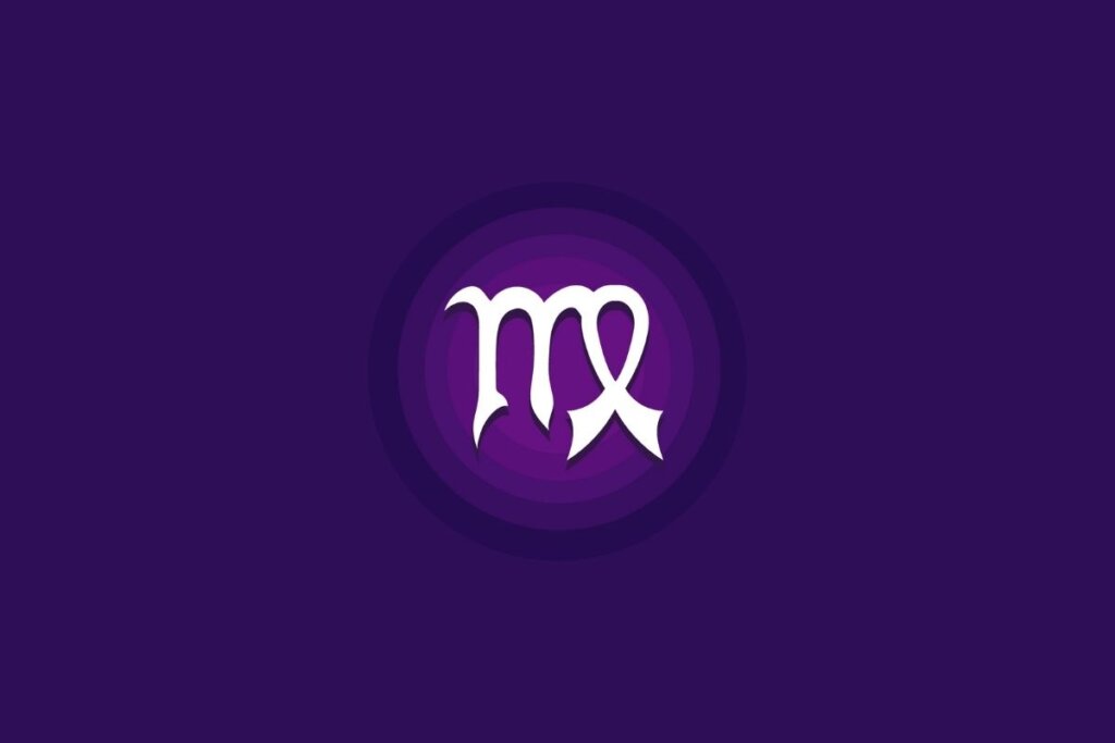Um símbolo do signo de Virgem em branco aparece no centro de um fundo roxo, com um efeito circular em tons mais claros ao redor