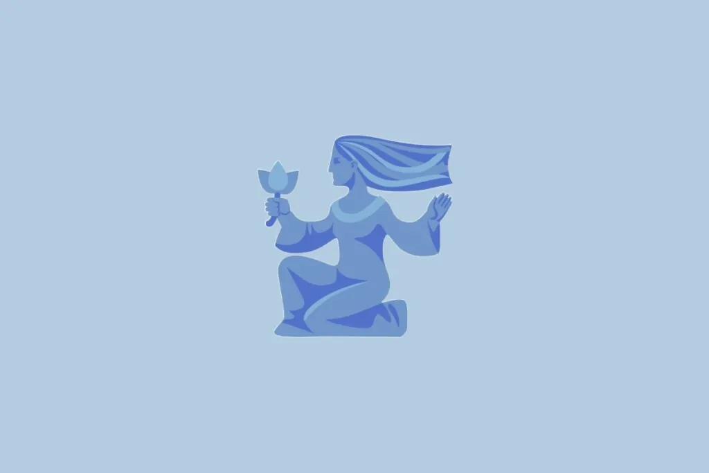 Ilustração do signo Virgem, com uma mulher azul ajoelhada segurando uma flor, sobre fundo azul-claro
