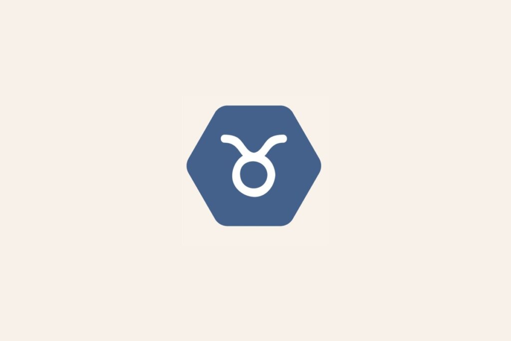 Ilustração do signo Touro, com símbolo branco representando os chifres do touro em hexágono azul-escuro em fundo bege