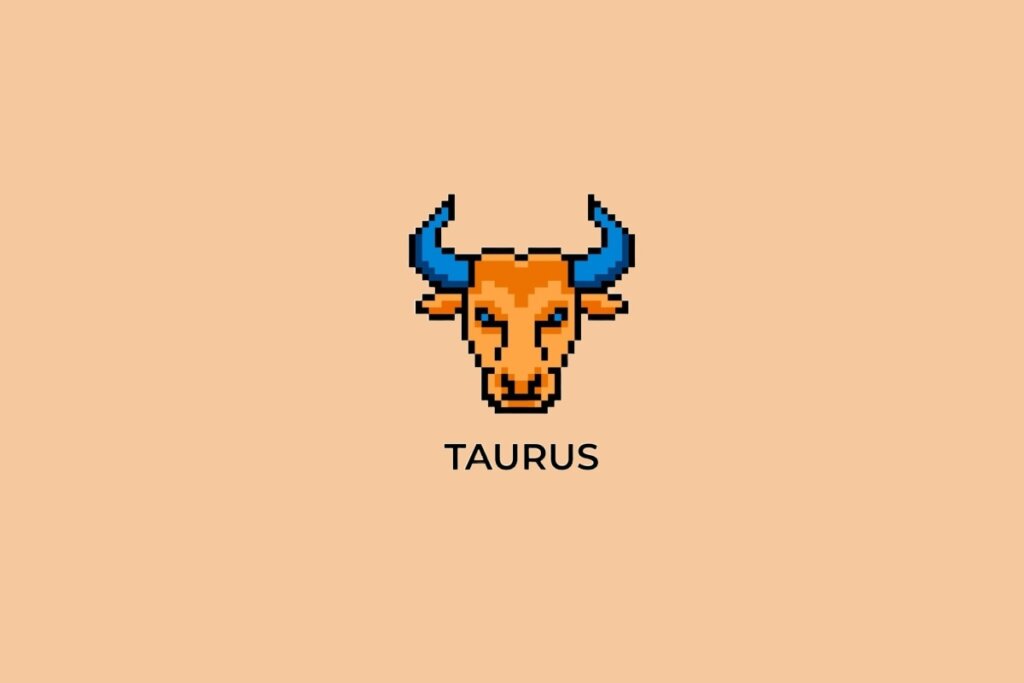 Ilustração do signo de Touro, em fundo alaranjado, contendo a cabeça de um touro em estilo pixel art com chifres azuis