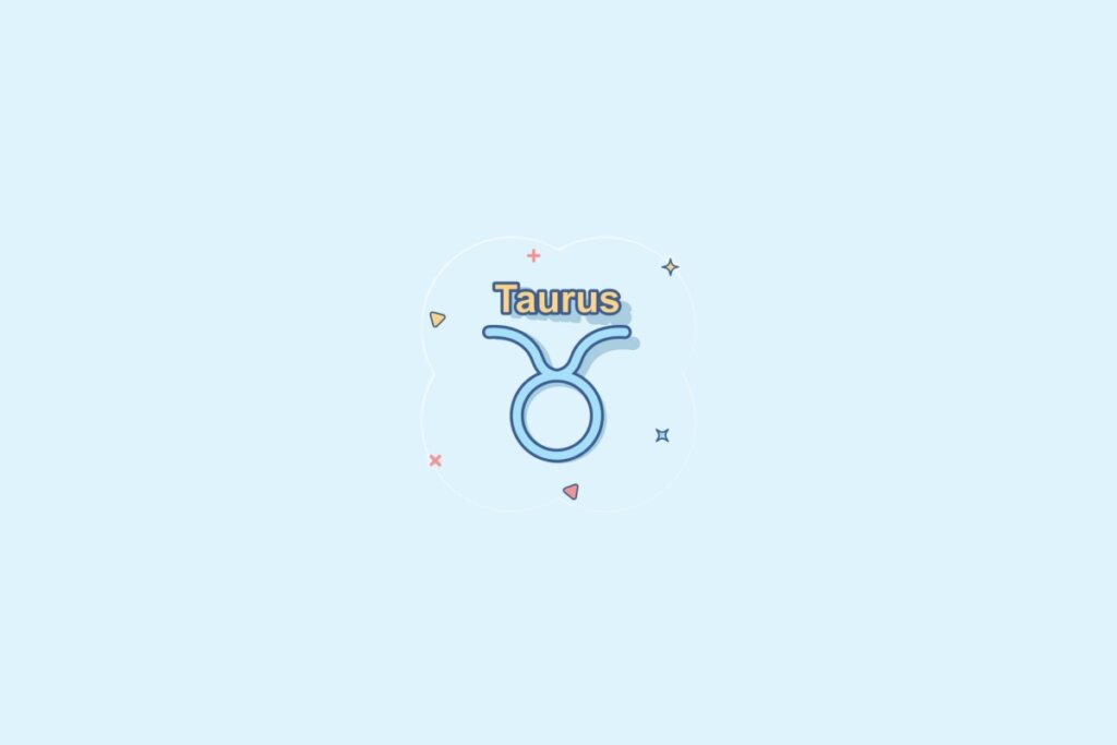 Ilustração do signo Touro, contendo um círculo grande com duas linhas curvas voltadas para cima, representando chifres, em fundo azul-claro