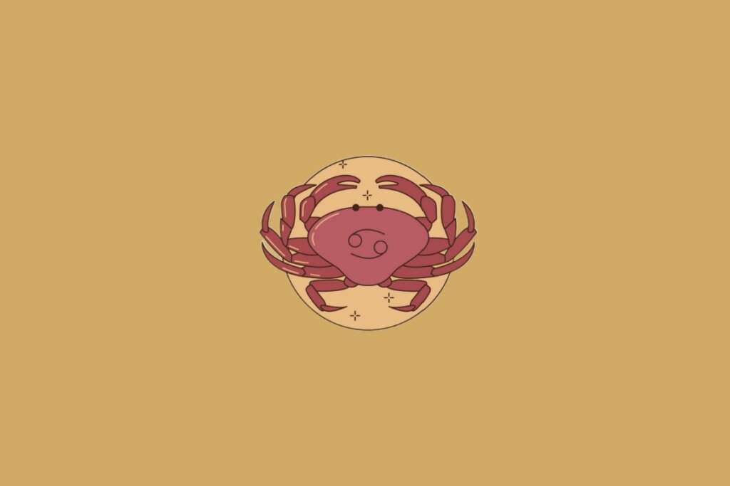 Ilustração do signo de Câncer contendo um caranguejo estilizado com patas abertas em fundo mostarda