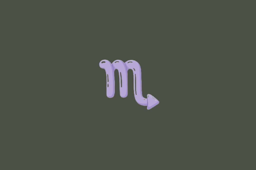 Ilustração do signo de Escorpião, contendo um símbolo em formato de três traços verticais curvos com seta apontada para a direita na cor lilás, em fundo esverdeado-escuro