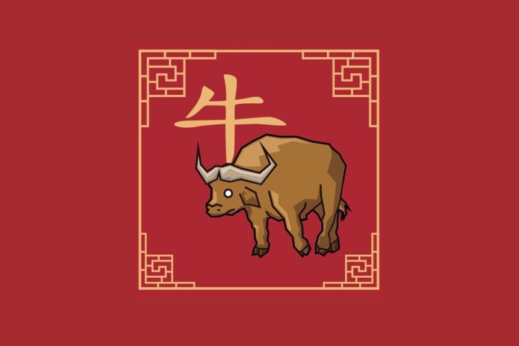 Ilustração em estilo plano do signo chinês do Búfalo sobre fundo vermelho. Um boi marrom com chifres claros é desenhado de perfil dentro de uma moldura quadrada dourada com detalhes gregos nos cantos. Ao fundo, destaca-se o caractere chinês do signo em dourado.