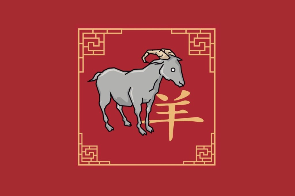 Ilustração em estilo plano do signo chinês da Cabra sobre fundo vermelho. Uma cabra cinza com chifres beges é desenhada de perfil dentro de uma moldura quadrada dourada com detalhes gregos nos cantos. Ao fundo, destaca-se o caractere chinês do signo em dourado.
