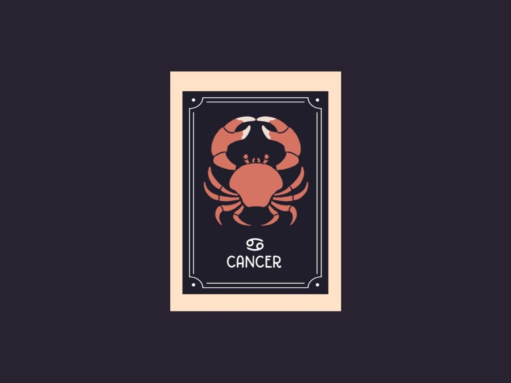 Ilustração do signo de Câncer com um caranguejo estilizado em tons de terracota sobre fundo escuro. Inclui o símbolo de Câncer e o nome escrito abaixo.